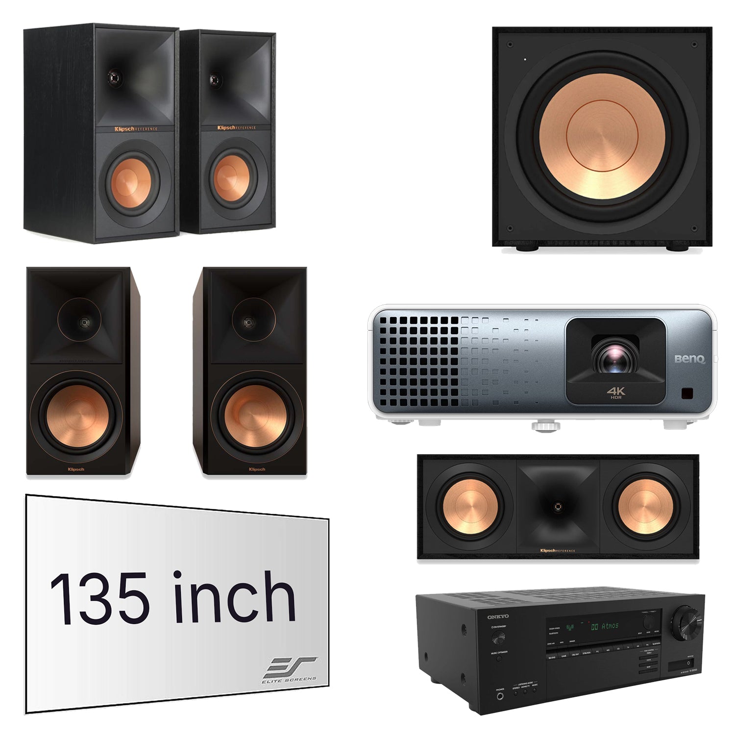 Onkyo TX-SR3100 5.2-Channel 8K AV Receiver Home Theater Bundle with Klipsch R-50M, R-40M, R-50C, R-101SW, BenQ TK710 Projector & Elite Screens Aeon 135" Screen