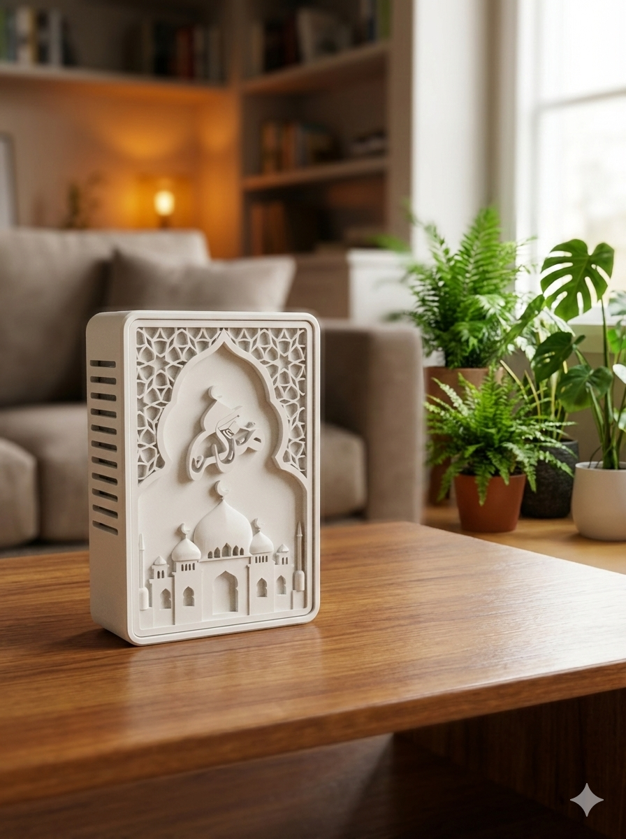 The muthakkir adhan device placed on a table with a nice background