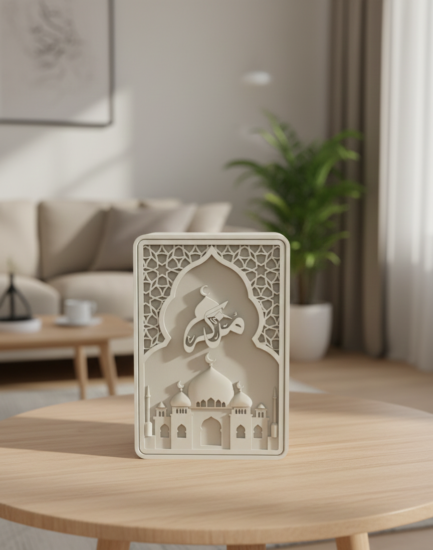 The Muthakkir athan player device sitting on a table with a modern home background.