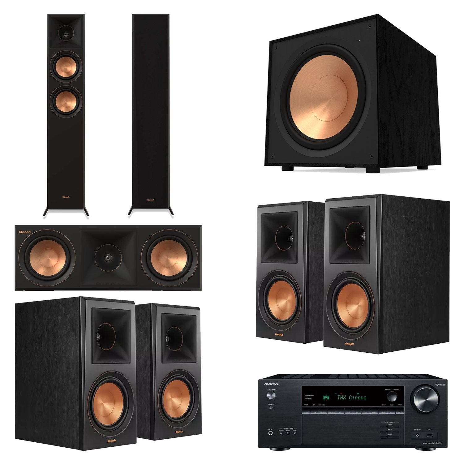 Onkyo TX-NR6100 7.2-Channel AV Receiver Home Theater Bundle with Klipsch RP-5000F II, RP-500C II, RP-500M II & R-121SW Subwoofer