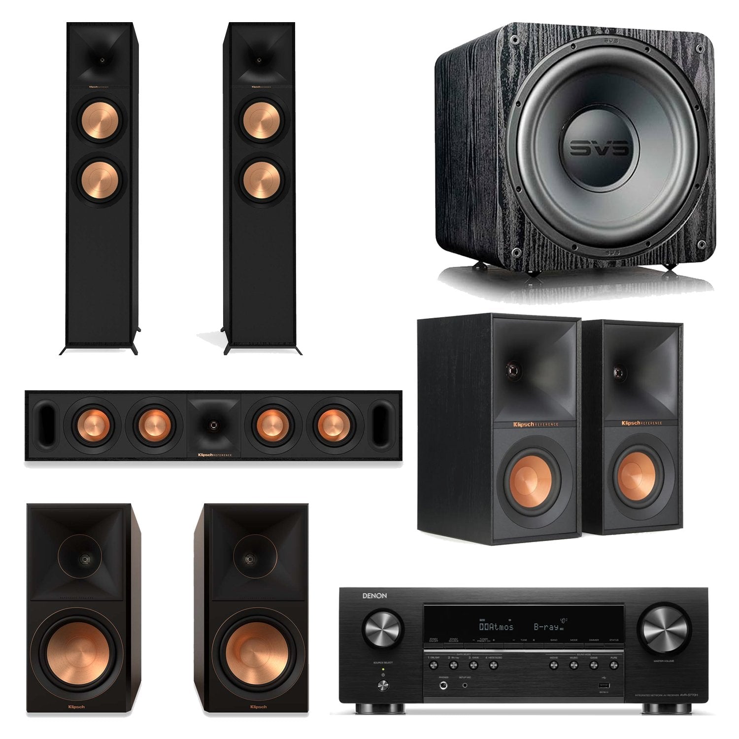 Denon AVR-X2800H 7.2-Channel AV Receiver Home Theater Bundle with Klipsch R-600F, R-30C, R-50M, R-40M & SVS SB-1000 Pro Subwoofer