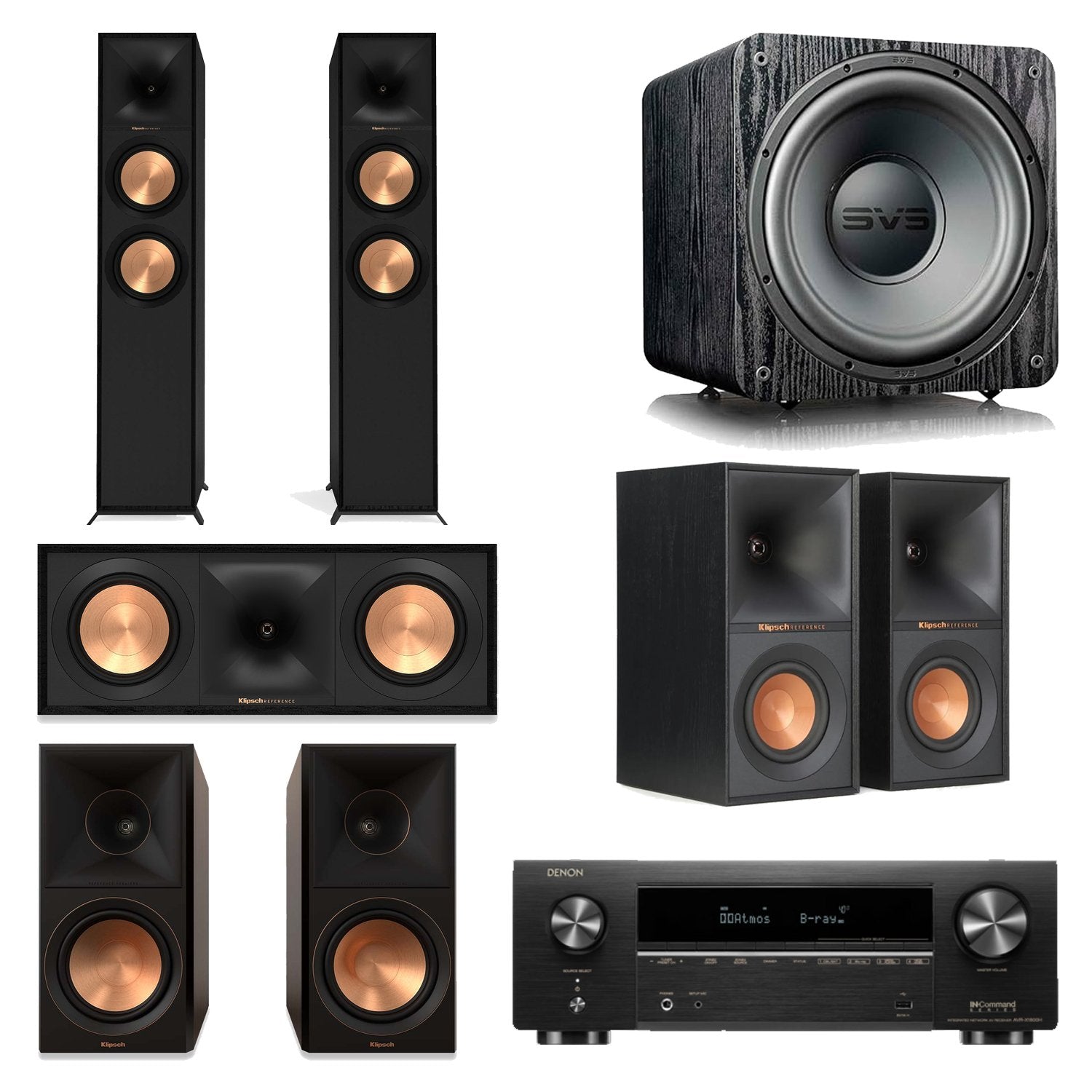 Denon AVR-X1800H 7.2-Channel AV Receiver Home Theater Bundle with Klipsch R-600F, R-50C, R-50M, R-40M & SVS SB-1000 Pro Subwoofer