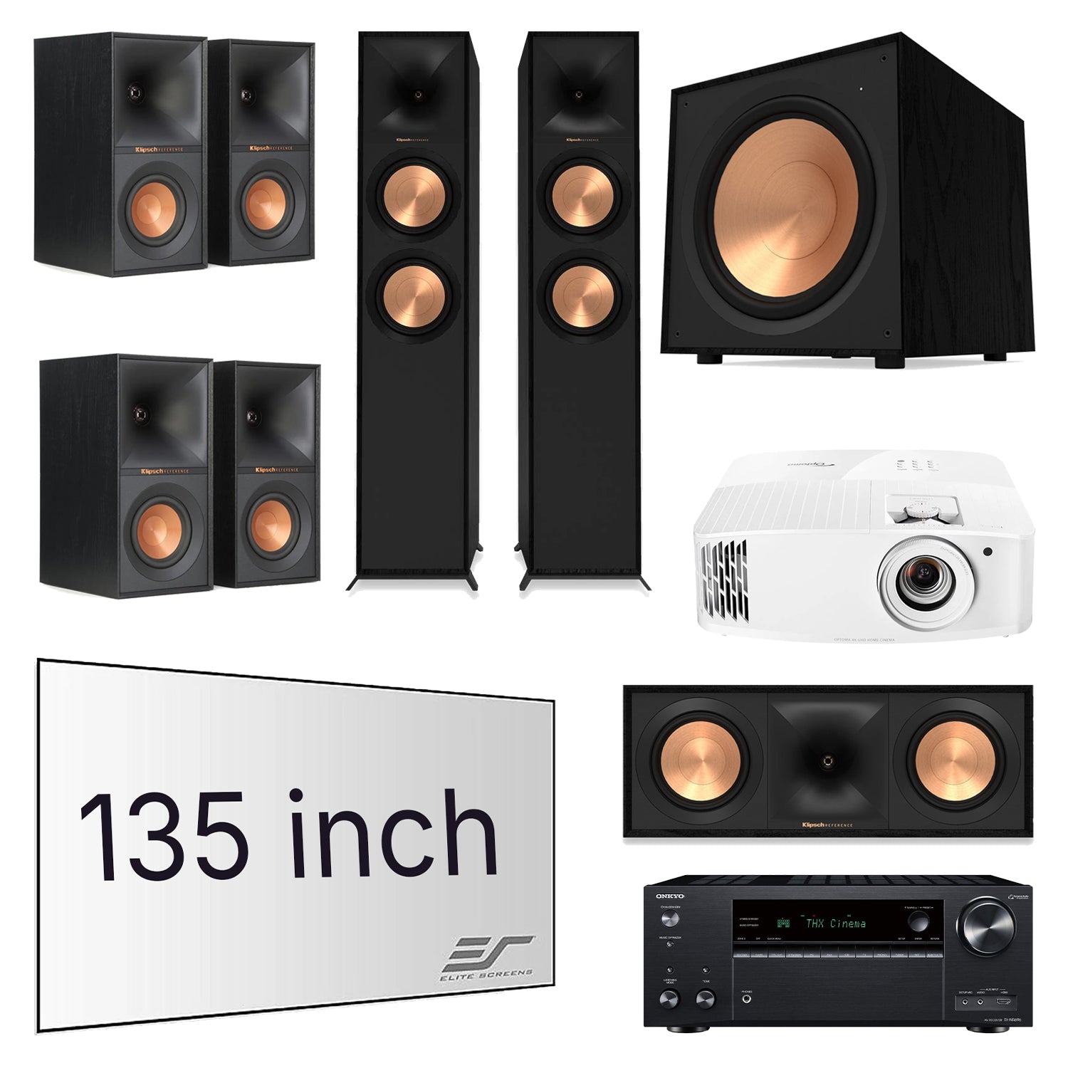 Onkyo TX-NR696 7.2-Channel 4K AV Receiver Home Theater Bundle with Klipsch R-600F, R-50C, R-50M, R-40M, R-121SW, Optoma UHD38x Projector & Elite Screens Aeon 135" Screen