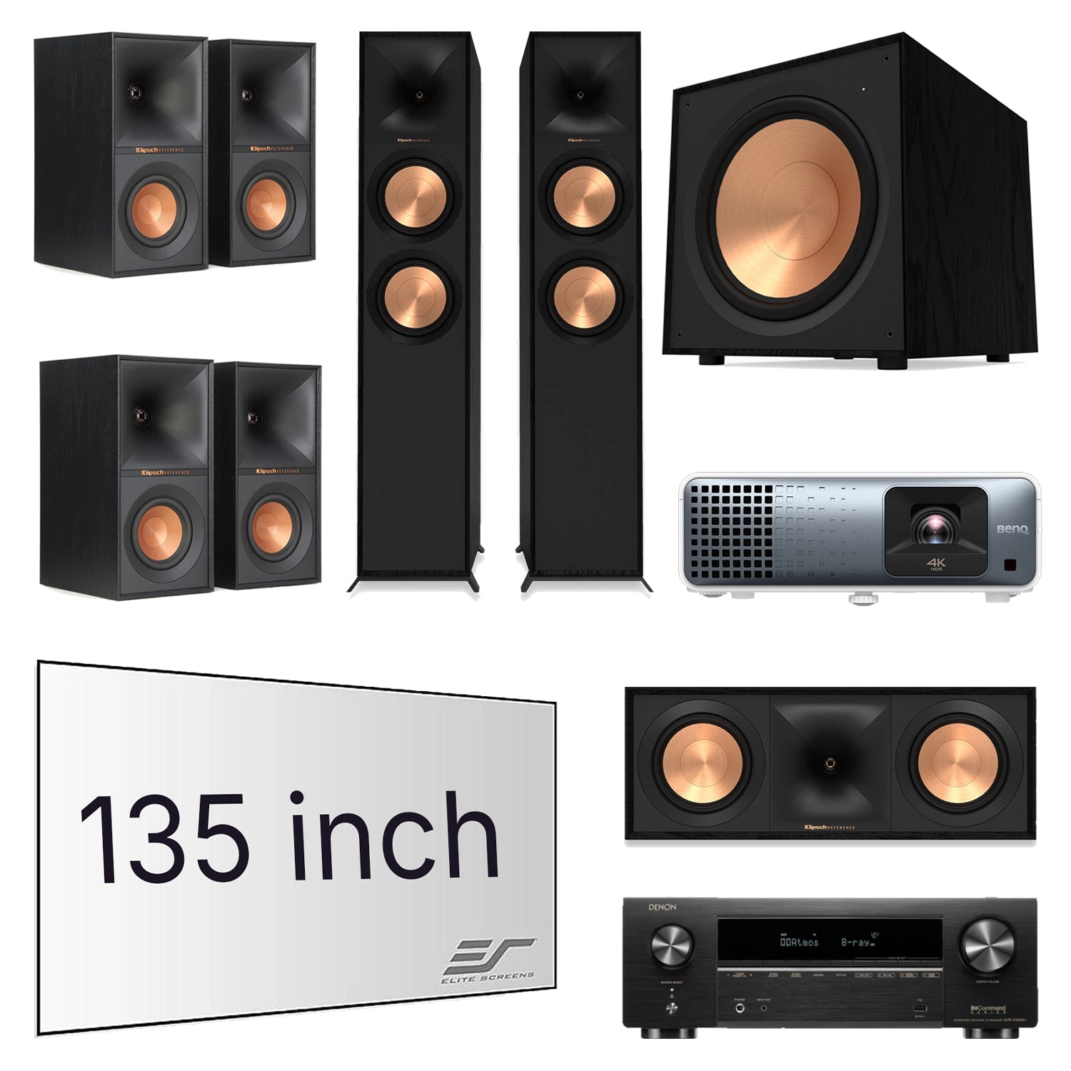 Denon AVR-X1800H 7.2-Channel 8K AV Receiver Home Theater Bundle with Klipsch R-600F, R-50C, R-50M, R-40M, R-121SW, BenQ TK710 Projector & Elite Screens Aeon 135" Screen