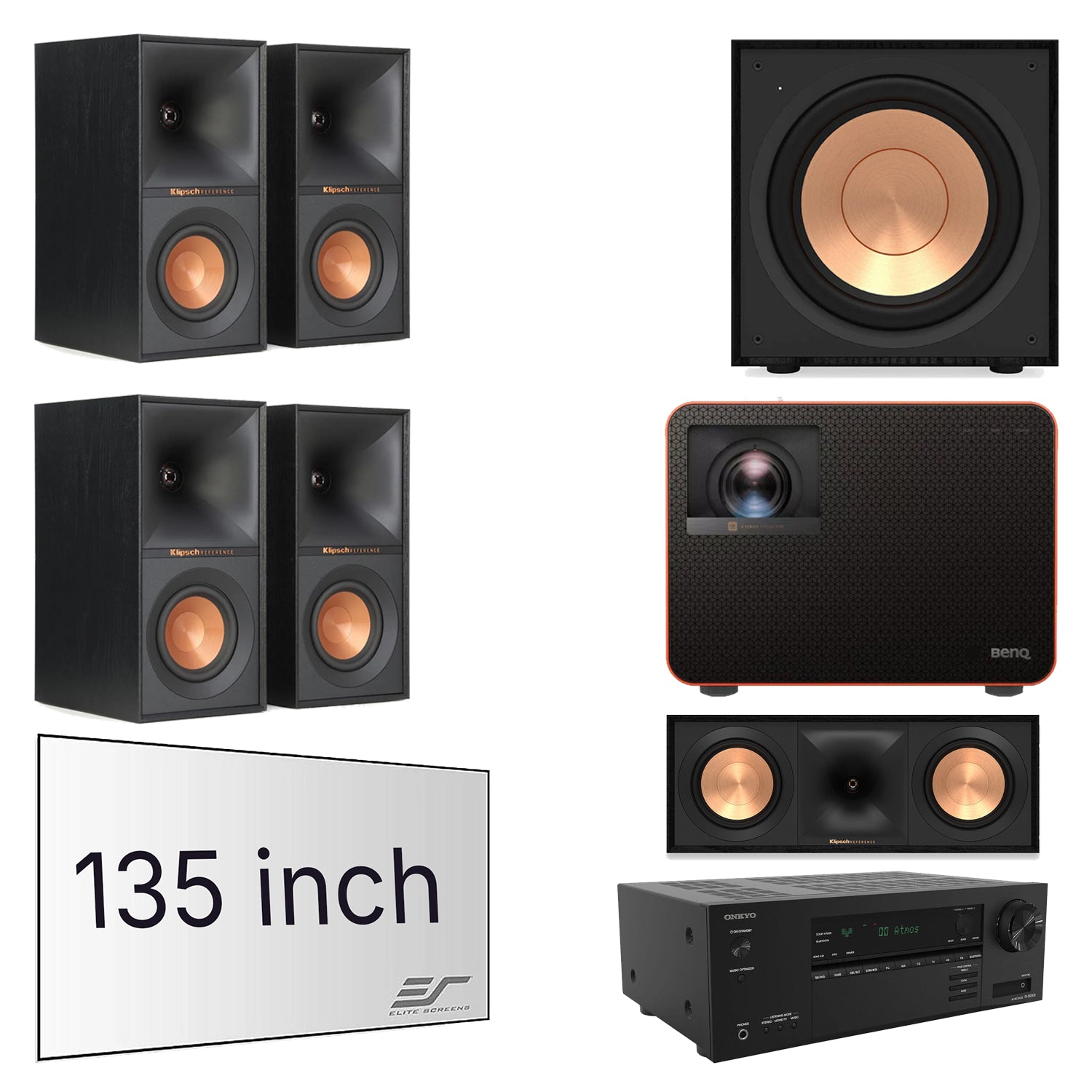Onkyo TX-SR3100 5.2-Channel 8K AV Receiver Home Theater Bundle with Klipsch R-40M, R-50C, R-101SW, BenQ X3100i Projector & Elite Screens Aeon 135" Screen