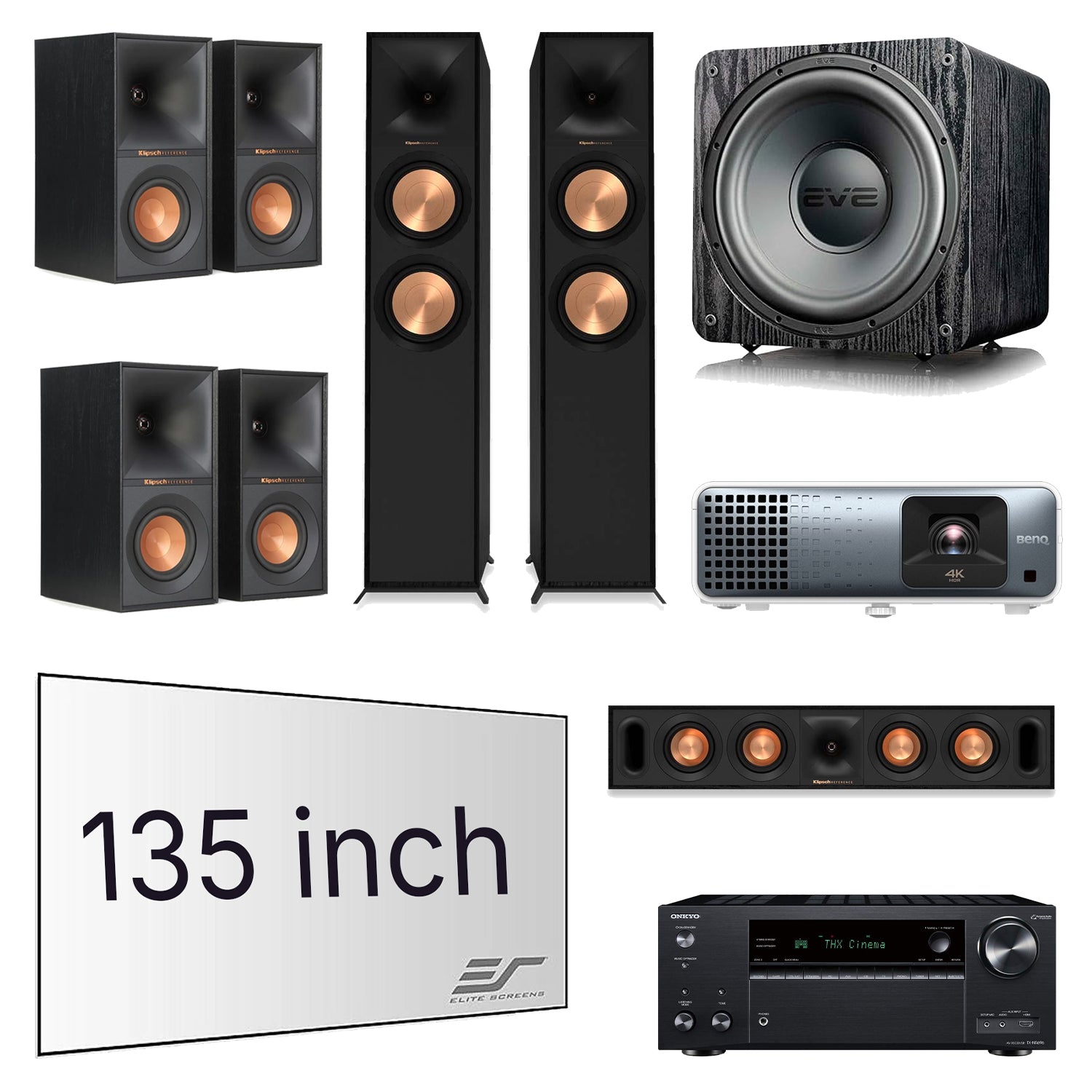 Onkyo TX-NR696 7.2-Channel AV Receiver Home Theater Bundle with Klipsch R-600F, R-30C, R-50M, R-40M, SVS SB-1000 Pro Subwoofer, BenQ X3100i Projector & Elite Screens Aeon 135" Screen
