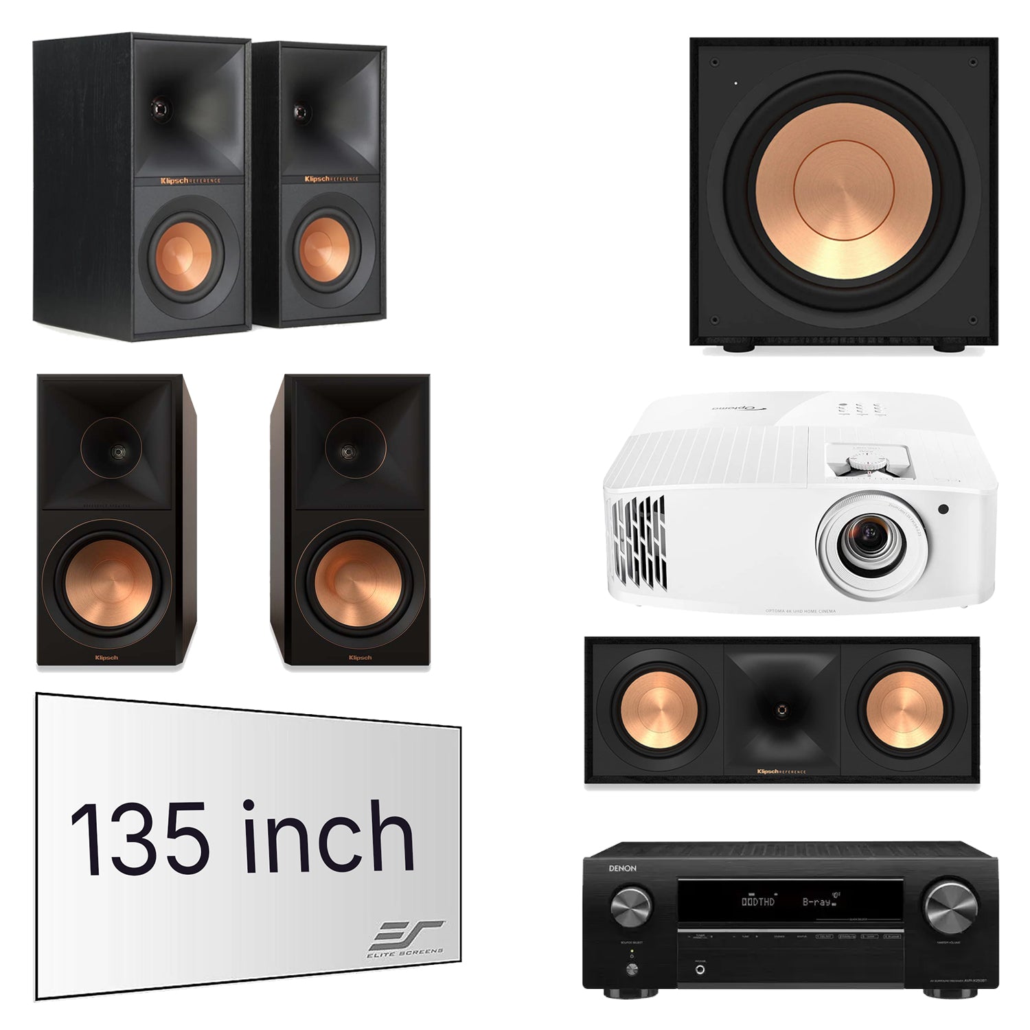Denon AVR-X250BT 5.1-Channel 4K AV Receiver Home Theater Bundle with Klipsch R-50M, R-40M, R-50C, R-101SW, Optoma UHD38x Projector & Elite Screens Aeon 135" Screen