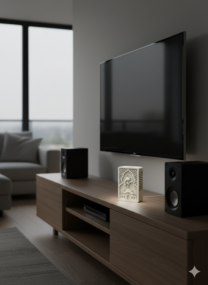 Muthakkir on a shelf next to bookshelf speakers and a tv