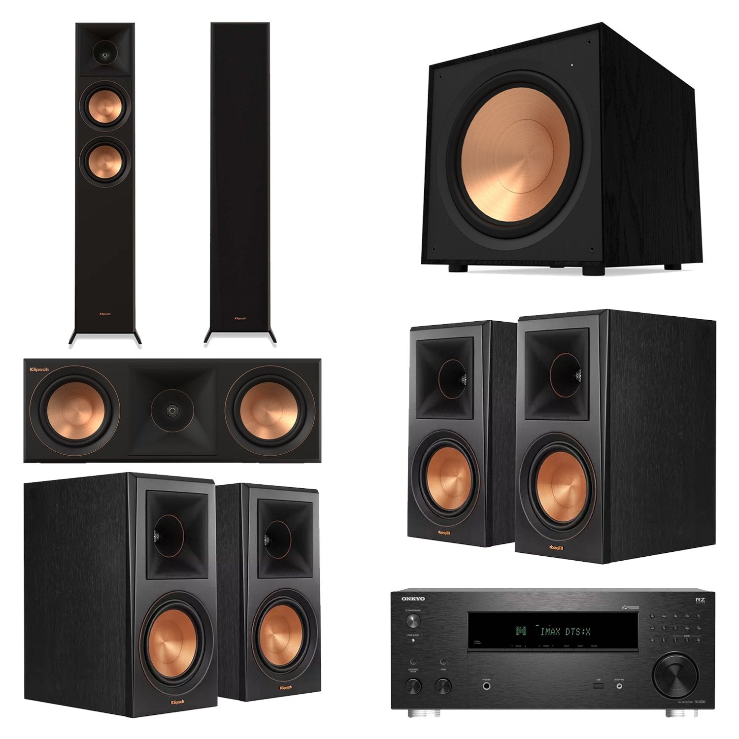 Onkyo TX-RZ30 9.2-Channel AV Receiver Home Theater Bundle with Klipsch RP-5000F II, RP-500C II, RP-500M II & R-121SW Subwoofer