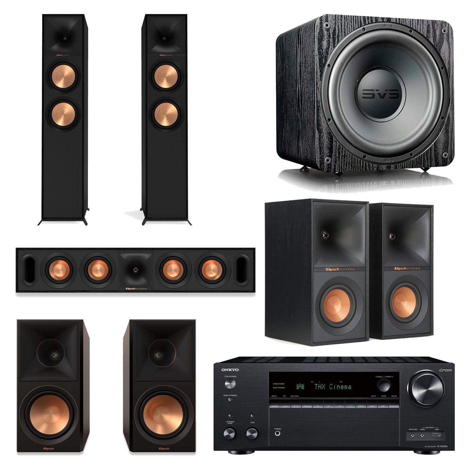 Onkyo TX-NR696 7.2-Channel AV Receiver Home Theater Bundle with Klipsch R-600F, R-30C, R-50M, R-40M & SVS SB-1000 Pro Subwoofer