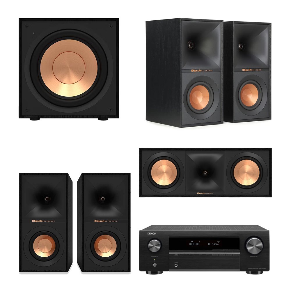 Denon AVRX250BTBKE2 5.1 Channel 4K AV Receiver Audio Bundle with Klipsch R-40M, R-50C & R-101SW Speakers