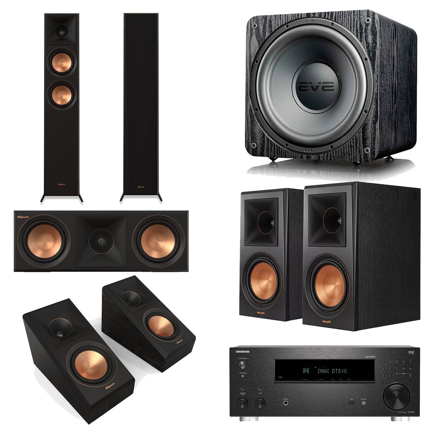 Onkyo TX-RZ30 9.2-Channel AV Receiver Home Theater Bundle with Klipsch RP-5000F II, RP-500C II, RP-500M II, RP-500SA II & SVS SB-1000 Pro Subwoofer