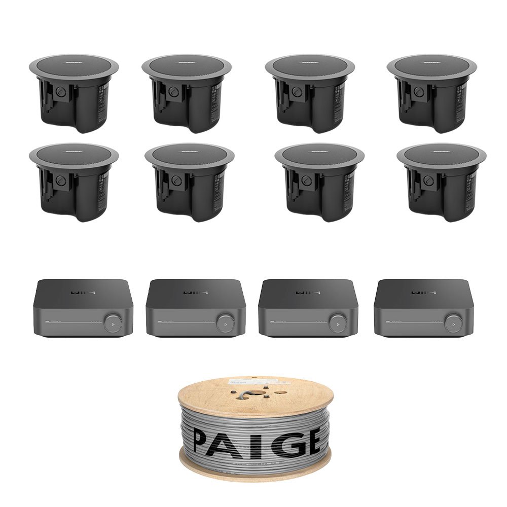 Bose FS2C Ceiling Speakers (8) with Dual WiiM Amp Pro (4) and 200m Paige Cable – 4-Zone Audio Bundle