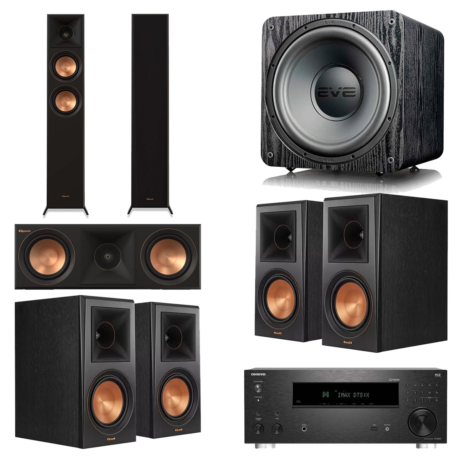 Onkyo TX-RZ30 9.2-Channel AV Receiver Home Theater Bundle with Klipsch RP-5000F II, RP-500C II, RP-500M II & SVS SB-1000 Pro Subwoofer