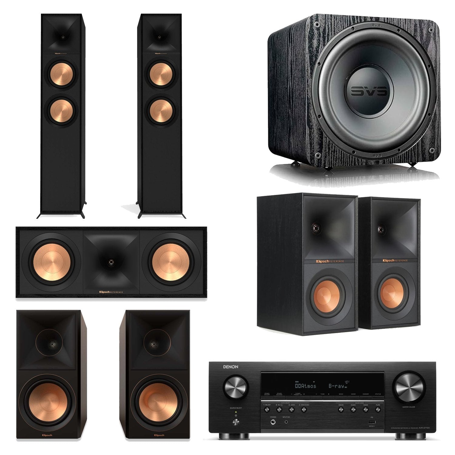Denon AVR-X2800H 7.2-Channel AV Receiver Home Theater Bundle with Klipsch R-600F, R-50C, R-50M, R-40M & SVS SB-1000 Pro Subwoofer