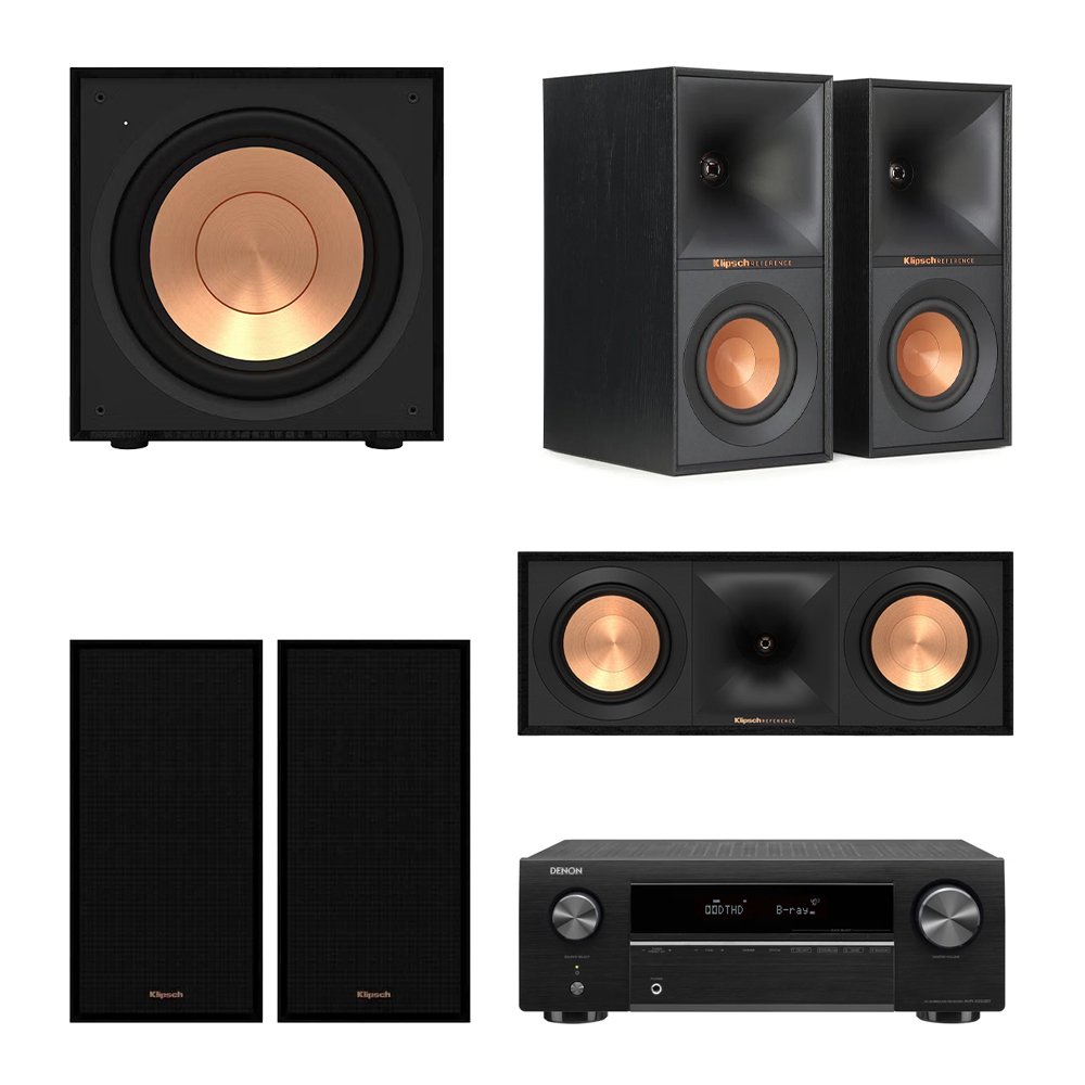 Denon AVRX250BTBKE2 5.1 Channel 4K AV Receiver Home Theater Bundle with Klipsch R-50M, R-40M, R-50C & R-101SW Speakers