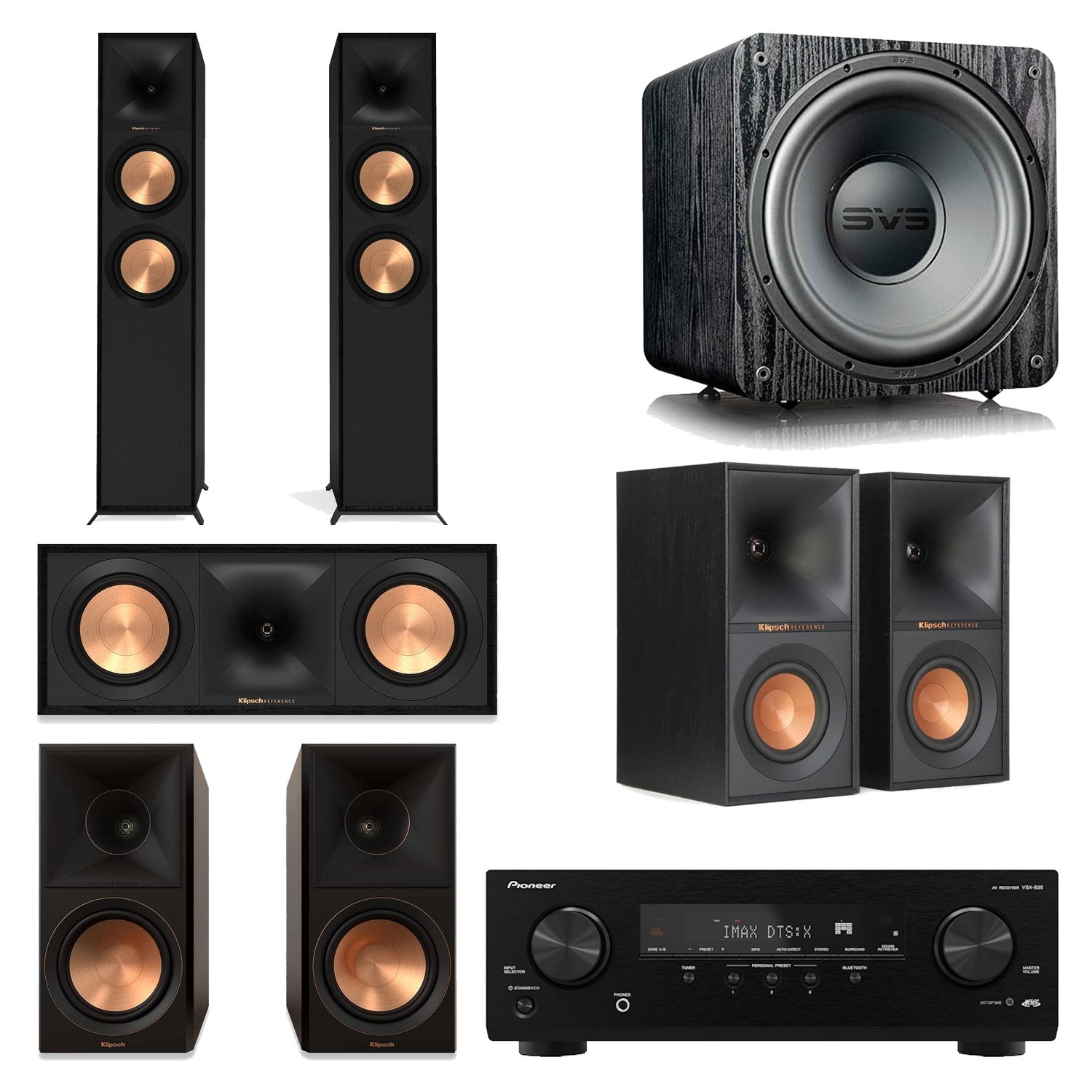 Pioneer VSX-835 7.2 AV Receiver Home Theater Bundle with Klipsch R-600F, R-50C, R-50M, R-40M & SVS SB-1000 Pro