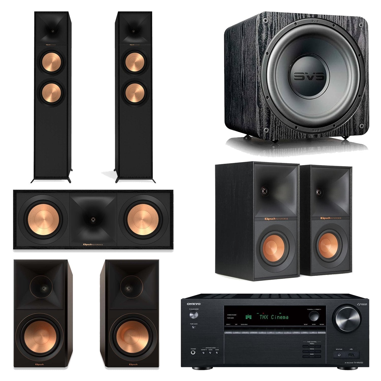 Onkyo TX-NR6100 7.2 AV Receiver Home Theater Bundle with Klipsch R-600F, R-50C, R-50M, R-40M & SVS SB-1000 Pro