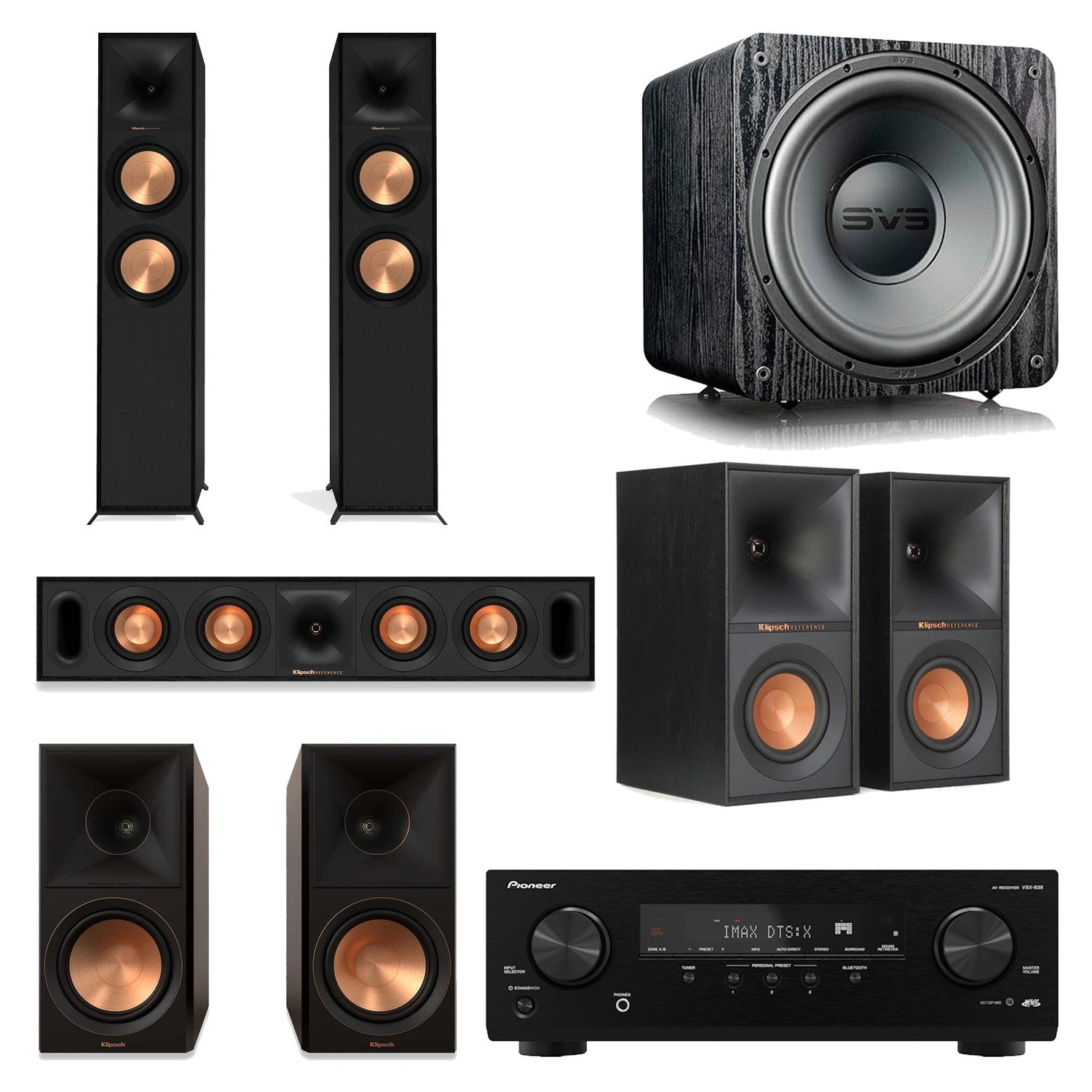 Pioneer VSX-835 7.2 AV Receiver Home Theater Bundle with Klipsch R-600F, R-30C, R-50M, R-40M & SVS SB-1000 Pro