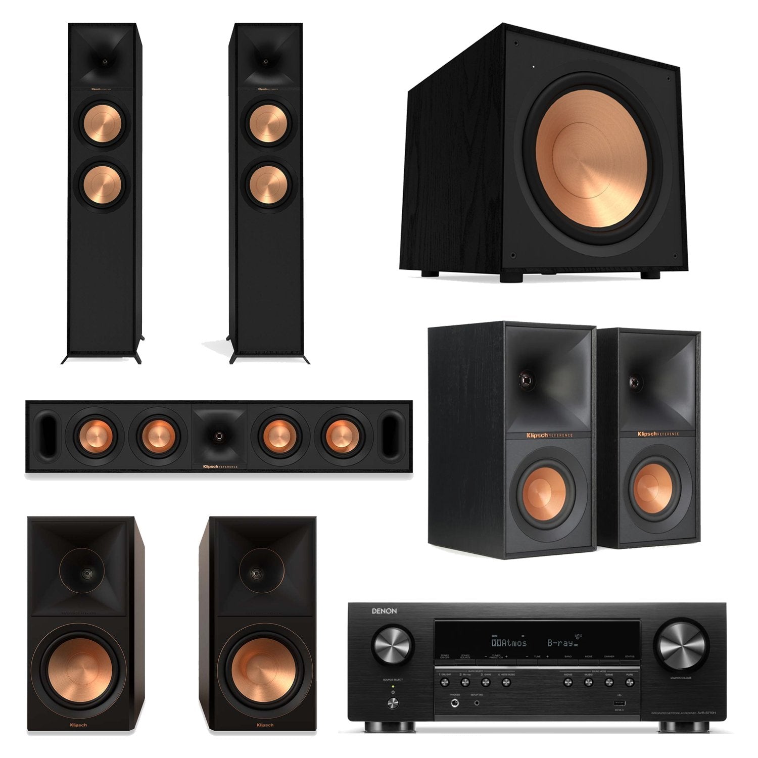 Denon AVR-X2800H 7.2-Channel AV Receiver Home Theater Bundle with Klipsch R-600F, R-30C, R-50M, R-40M & R-121SW Speakers
