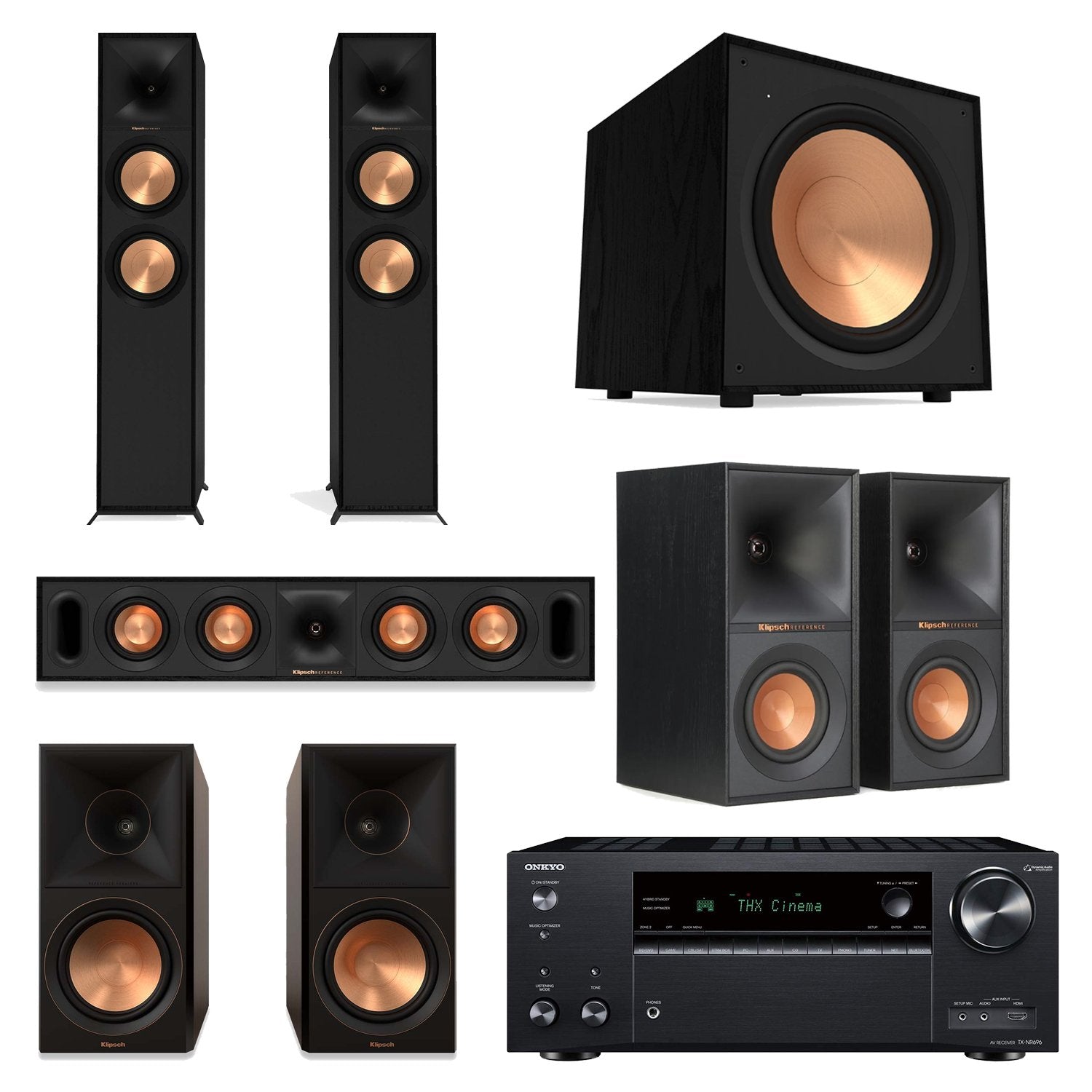 Onkyo TX-NR696 7.2-Channel AV Receiver Home Theater Bundle with Klipsch R-600F, R-30C, R-50M, R-40M & R-121SW Speakers