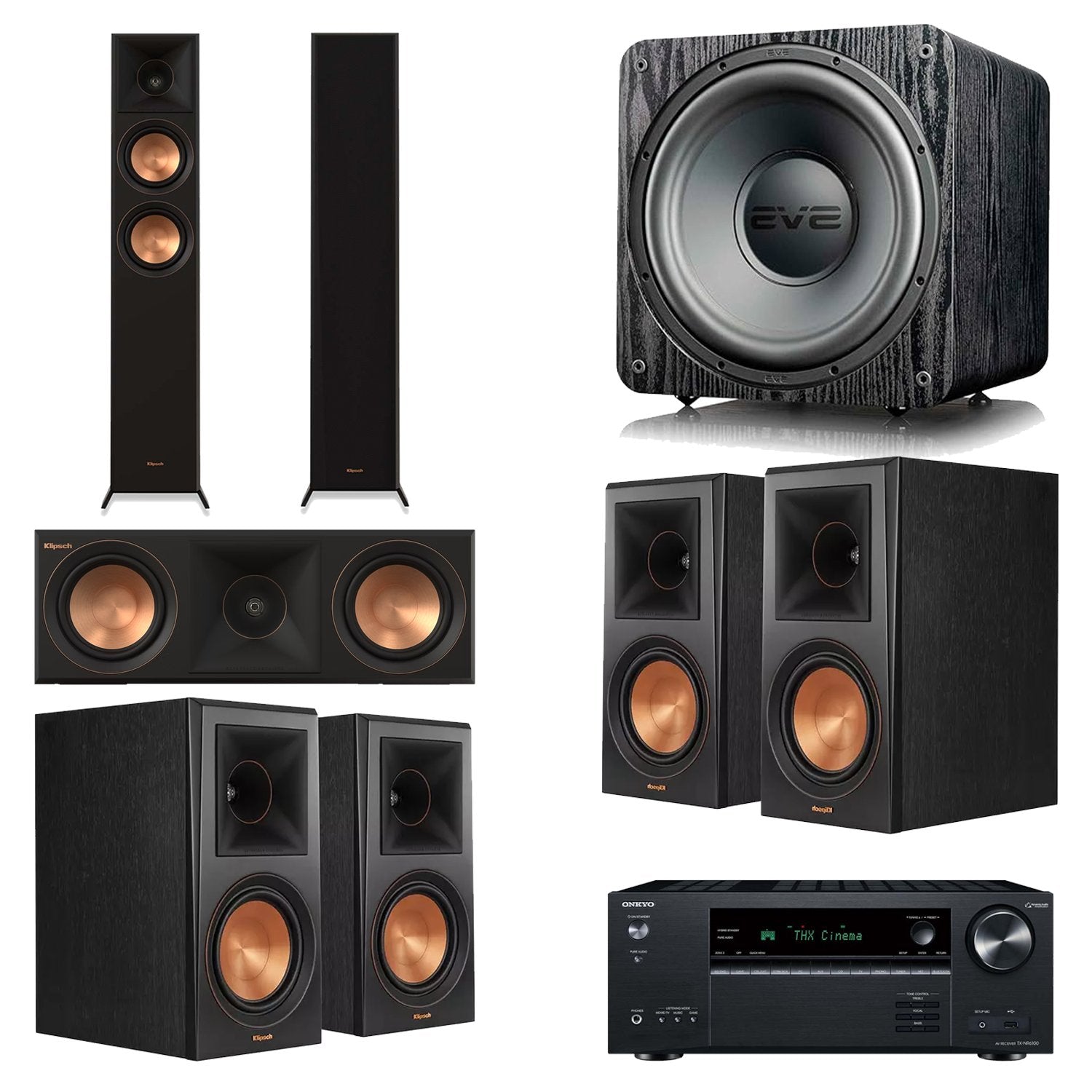 Onkyo TX-NR6100 7.2-Channel AV Receiver Home Theater Bundle with Klipsch RP-5000F II, RP-500C II, RP-500M II & SVS SB-1000 Pro Subwoofer