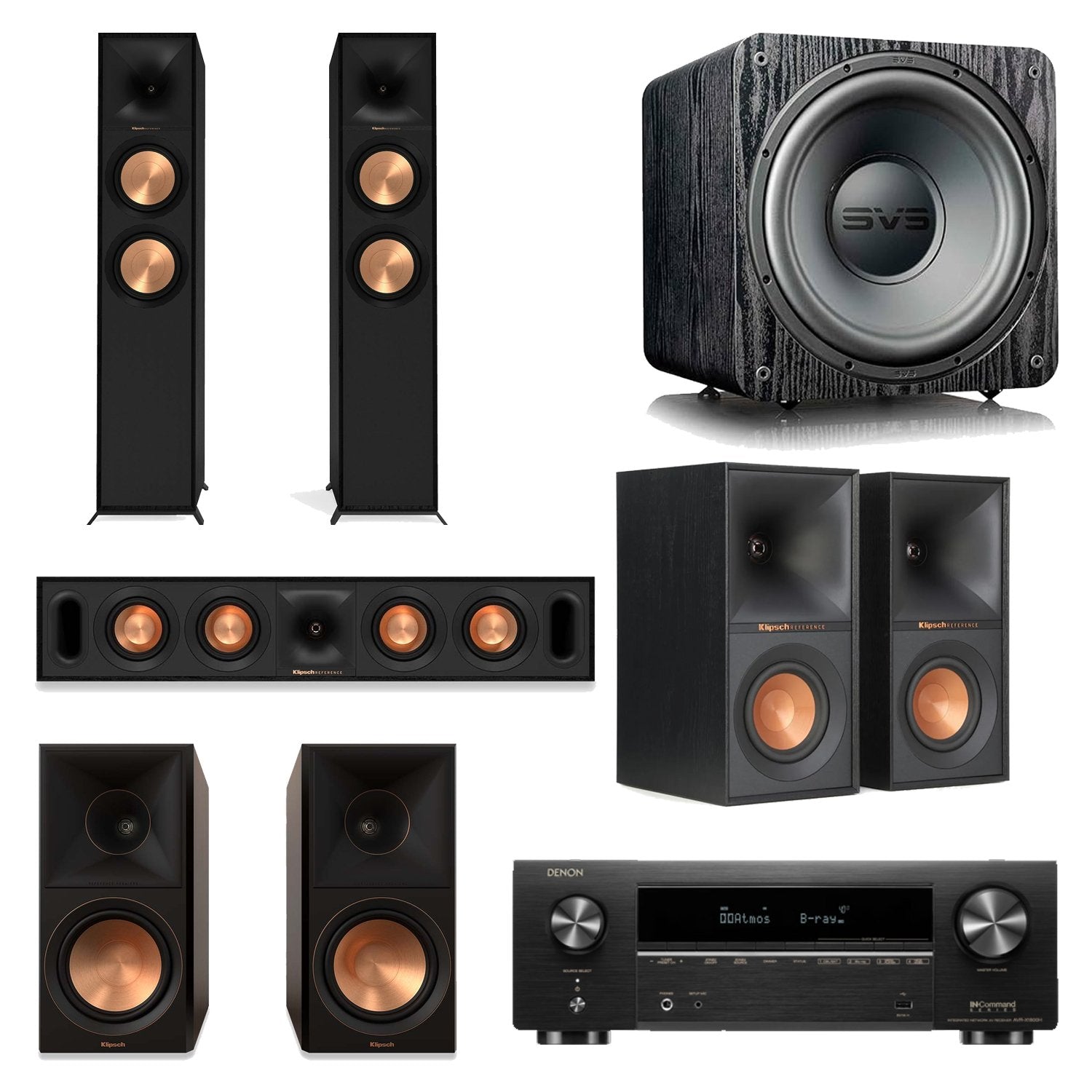 Denon AVR-X1800H 7.2-Channel AV Receiver Home Theater Bundle with Klipsch R-600F, R-30C, R-50M, R-40M & SVS SB-1000 Pro Subwoofer
