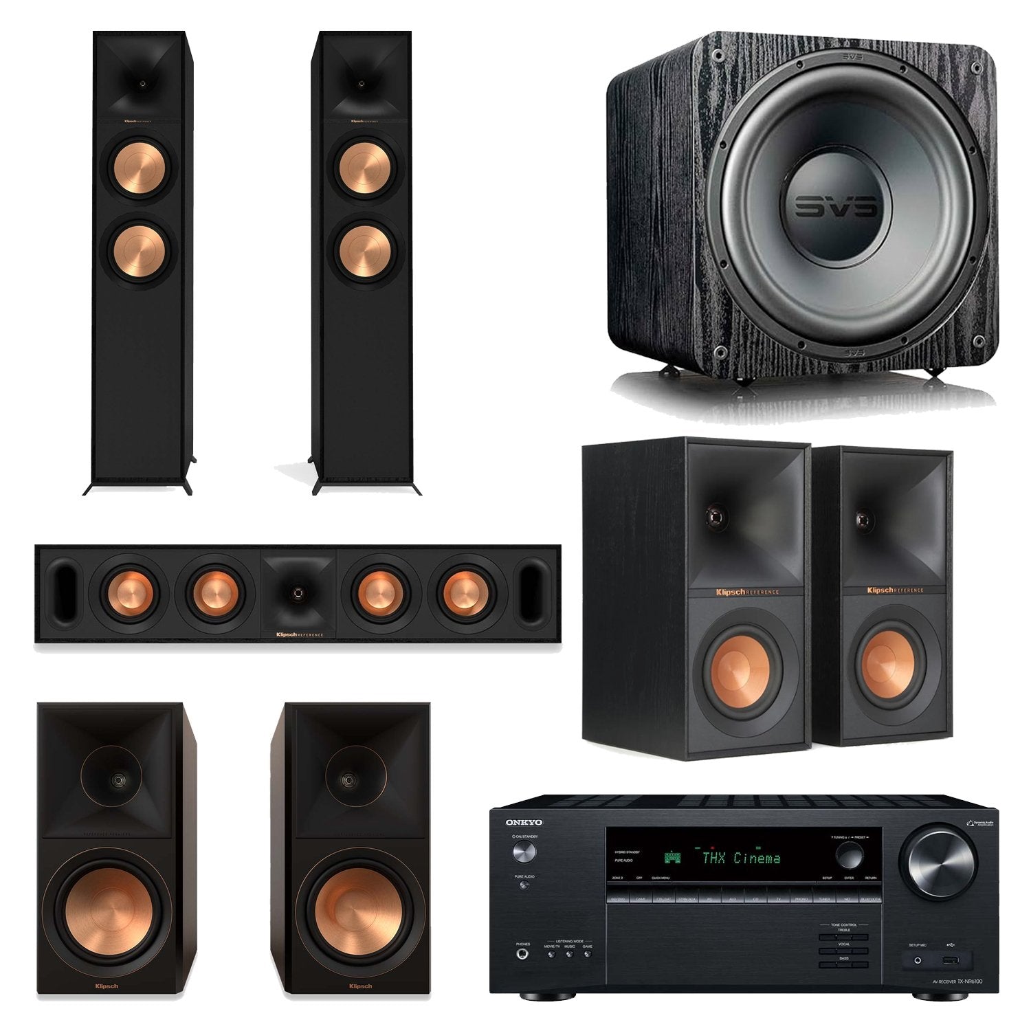 Onkyo TX-NR6100 7.2 AV Receiver Home Theater Bundle with Klipsch R-600F, R-30C, R-50M, R-40M & SVS SB-1000 Pro