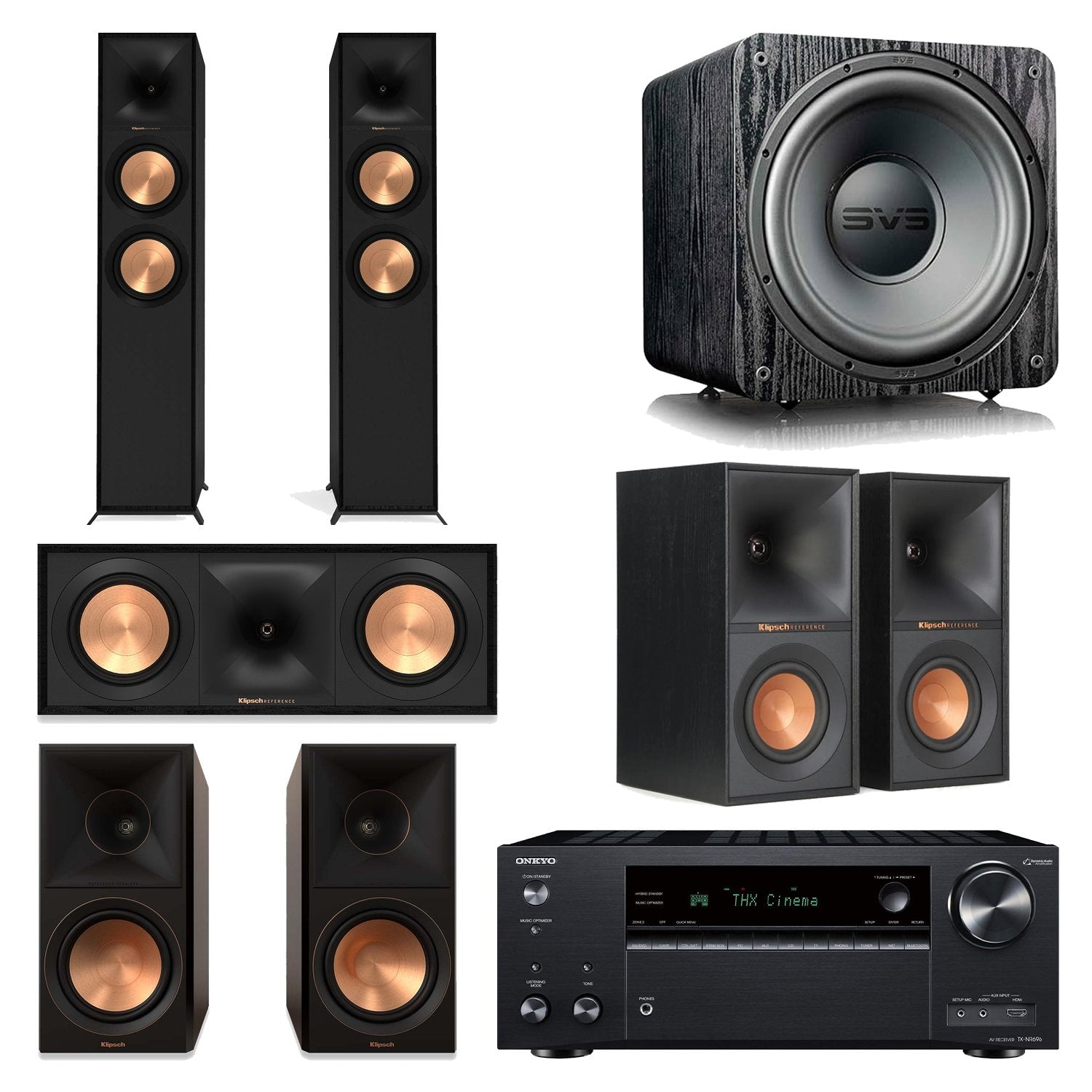 Onkyo TX-NR696 7.2-Channel AV Receiver Home Theater Bundle with Klipsch R-600F, R-50C, R-50M, R-40M & SVS SB-1000 Pro Subwoofer