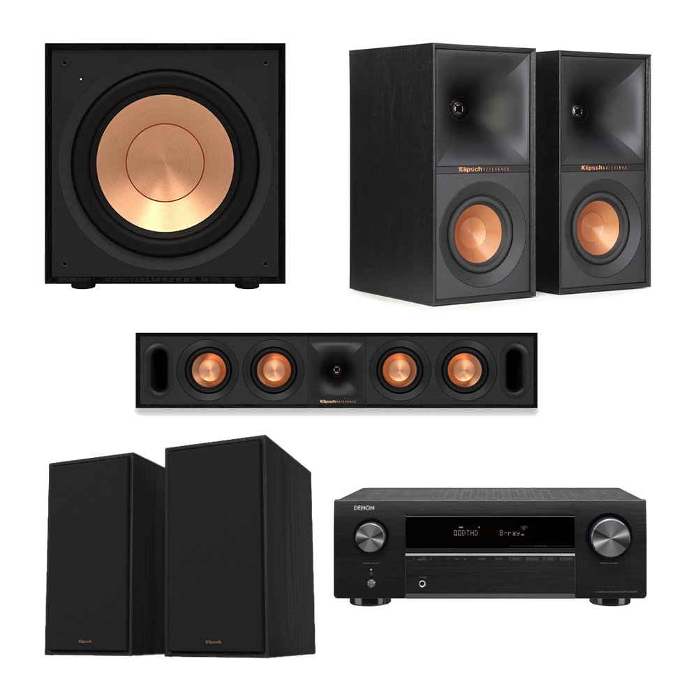 Denon AVRX250BTBKE2 5.1 Channel 4K AV Receiver Home Theater Bundle with Klipsch R-60M, R-40M, R-30C & R-101SW Speakers