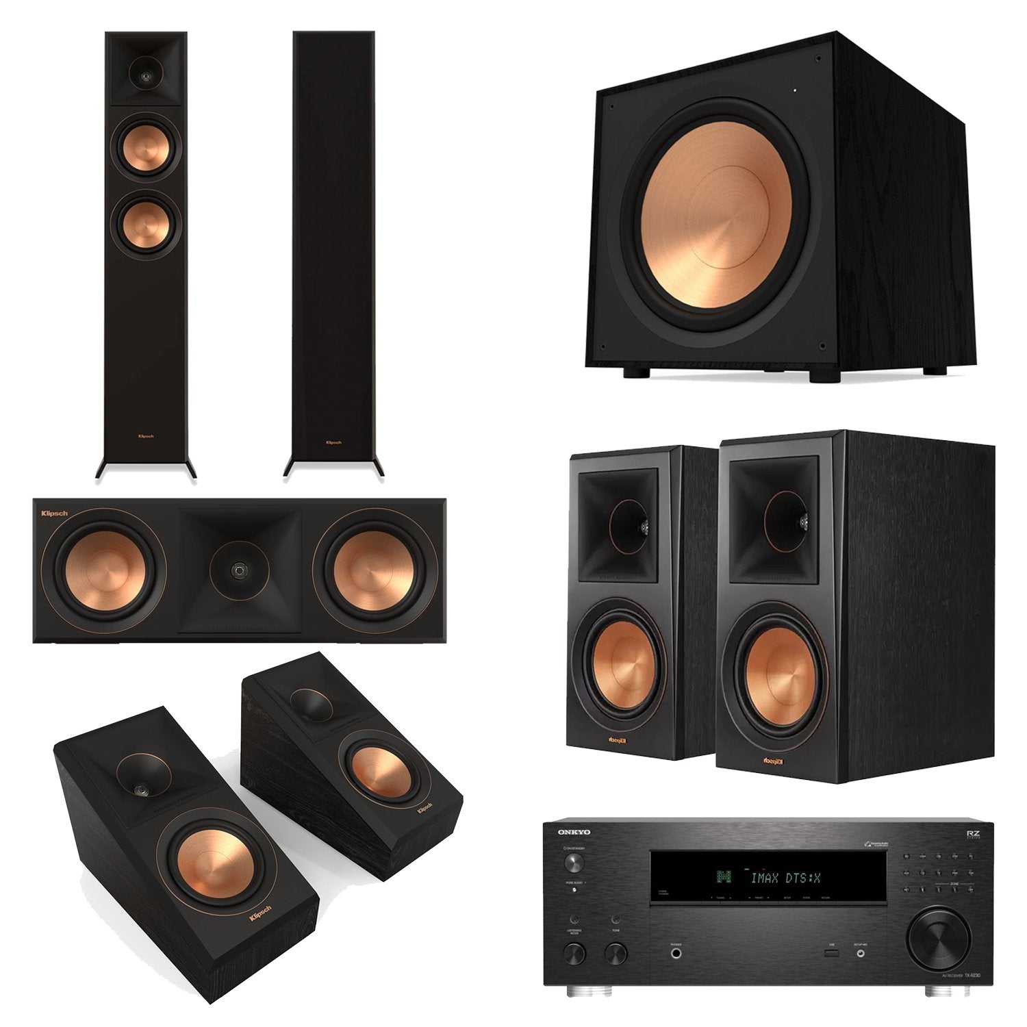 Onkyo TX-RZ30 9.2-Channel AV Receiver Home Theater Bundle with Klipsch RP-5000F II, RP-500C II, RP-500M II, RP-500SA II & R-121SW Subwoofer
